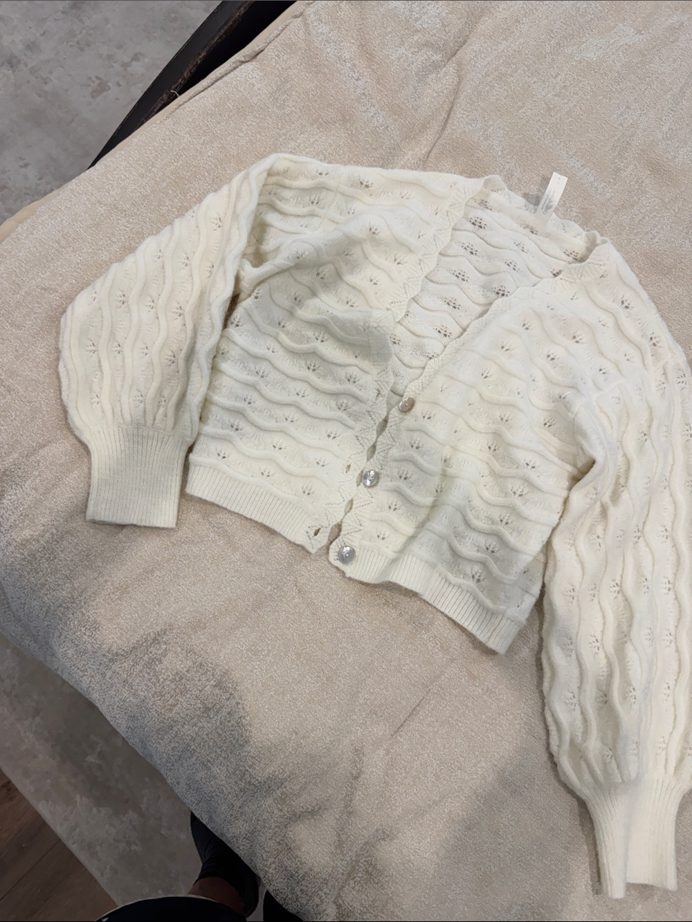 mahina Cream Wave-Pointelle Cropped Cardigan